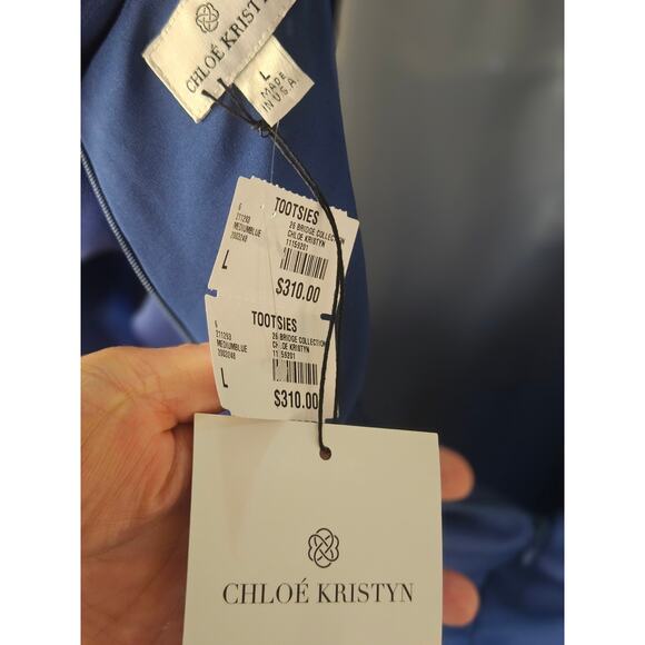 Chloe Kristyn Blue Mini Sheath Dress Bell Sleeves Lined NWT Sz L - Picture 11 of 12